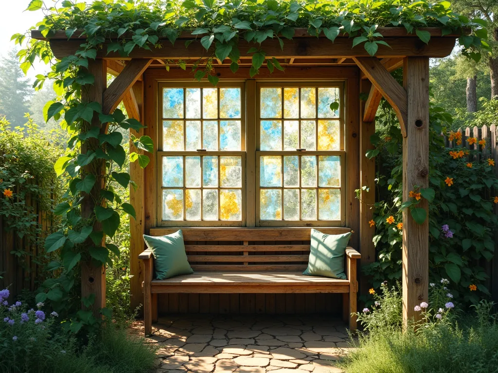 Vintage Window Frame Garden Canopy - A charming garden seating area beneath an artistic canopy made of reclaimed vintage window frames with colorful stained glass panels in soft blues and amber. Dappled sunlight filters through the glass creating magical light patterns on a rustic wooden bench below. The structure is supported by weathered wooden posts wrapped in climbing jasmine. The scene is captured in bright natural daylight with a soft, dreamy atmosphere, photographic style, 4k, highly detailed.