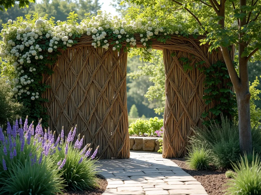 Natural Woven Willow Garden Screen - A serene garden scene featuring an artistically woven willow branch screen, 8 feet tall, with intricate diamond patterns casting dappled shadows on a stone pathway. Soft afternoon light filters through the natural willow branches, creating a magical interplay of light and shadow. Purple salvias and ornamental grasses sway gently at the base of the screen. The willow screen has a rustic, organic texture with varying shades of warm browns and grays. Climbing jasmine begins to weave through the structure, photorealistic style, magical garden atmosphere