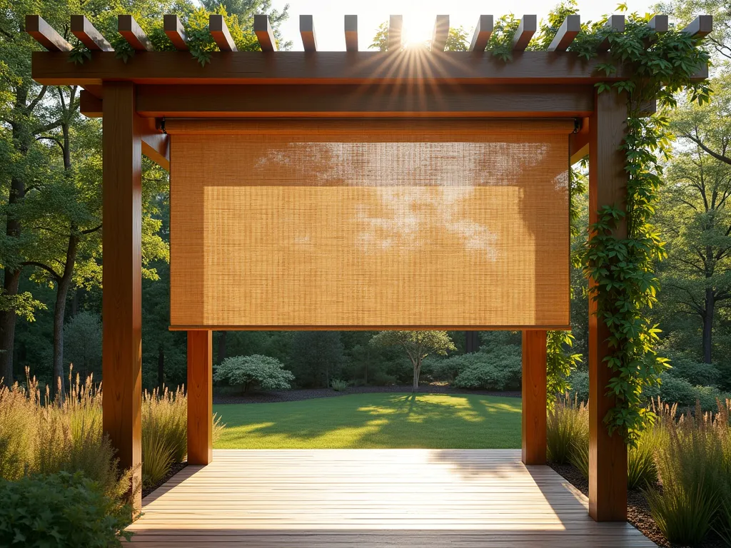 Zen Garden Bamboo Shade Pergola - A serene garden pergola with natural bamboo roll-up blinds partially unfurled, casting dappled shadows on a wooden deck. The structure features elegant wooden posts with contemporary Asian-inspired design elements. Soft afternoon light filters through the bamboo creating a peaceful ambiance. Japanese maple trees and ornamental grasses frame the scene, while climbing jasmine adorns the pergola posts. Photorealistic, architectural photography style, warm natural lighting, 4k quality.