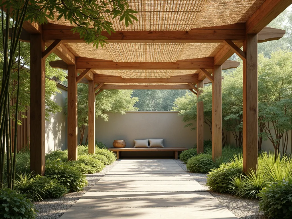 Zen Garden with Natural Reed Shade Covering - A tranquil garden setting with woven reed matting suspended horizontally between wooden posts, casting dappled shadows on a peaceful stone pathway below. Natural bamboo and ornamental grasses sway gently in the foreground, while a comfortable meditation bench sits partially shaded by the organic canopy. The scene is captured in soft, natural lighting with warm earth tones, creating a serene Japanese-inspired garden atmosphere. Photorealistic, high detail, architectural photography style.