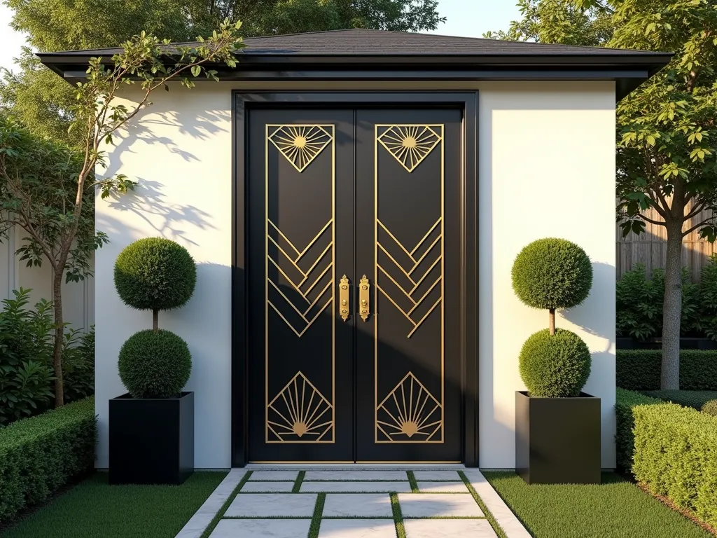 Art Deco Garden Shed Door - A stunning close-up shot of an elegant garden shed door featuring bold Art Deco geometric patterns in black and gold against a crisp white background. The door showcases chevron designs and sunburst motifs, complemented by gleaming brass hardware including an ornate handle and decorative hinges. Soft late afternoon sunlight casts dramatic shadows across the door's surface, highlighting its architectural details. Flanking the door are structured boxwood topiaries in black planters, while climbing jasmine frames the doorway. The shed is set against a manicured garden backdrop with geometric pathways and modern landscaping, photographed with a DSLR camera at f/8, ISO 100, creating perfect depth and clarity.