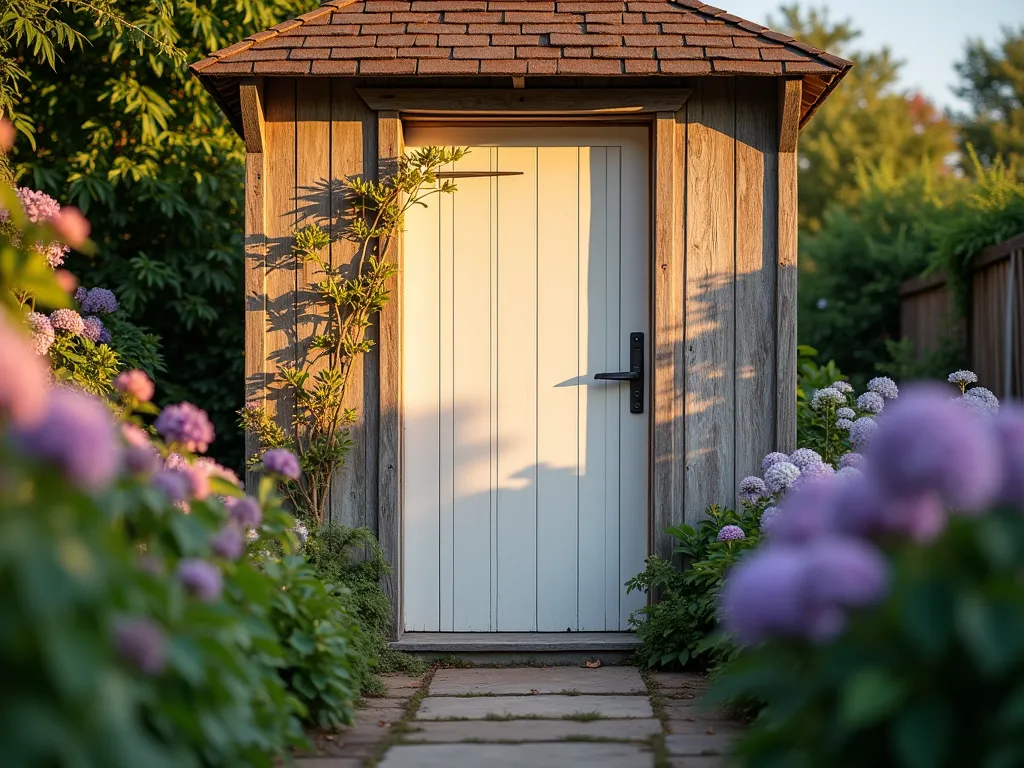 Classic Board and Batten Garden Shed Door at Sunset - A stunning wide-angle DSLR photograph of a charming garden shed featuring a classic white board and batten door, captured during golden hour. The handcrafted door showcases crisp vertical boards with horizontal battens creating dramatic shadow lines. The shed is nestled within a lush cottage garden with climbing roses and lavender. Warm sunset light casts long shadows across the weathered wood, highlighting the door's architectural details. Natural stone pavers lead to the entrance, flanked by blooming hydrangeas. Shot with shallow depth of field focusing on the door's craftsmanship, while the garden setting provides a dreamy, bokeh background. The composition emphasizes the timeless appeal and rustic charm of traditional carpentry.