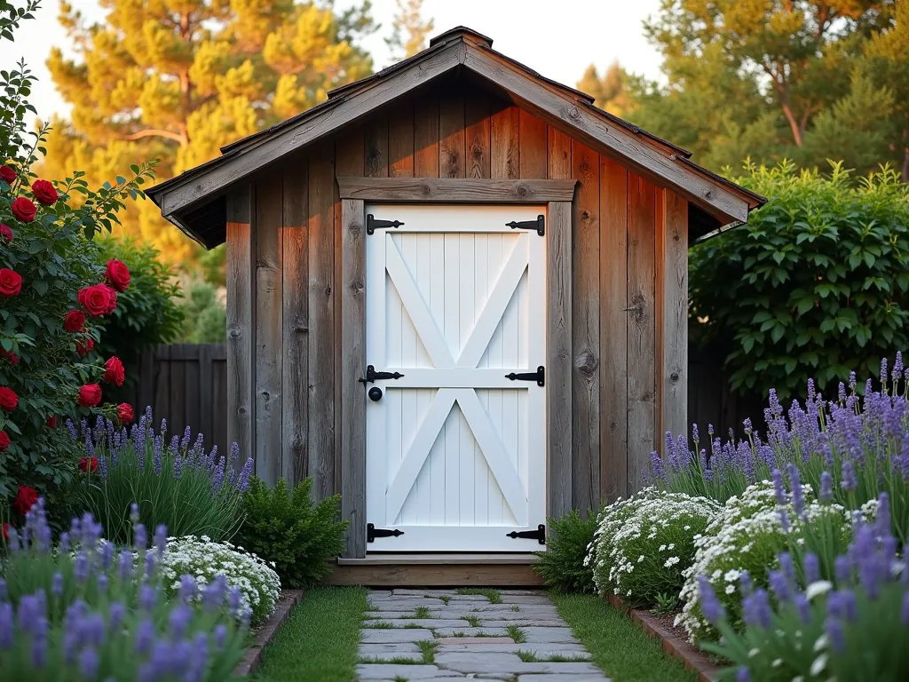 Classic Cross Buck Garden Shed Door - A charming rustic garden shed with a pristine white cross buck door design, photographed during golden hour sunset. The X-pattern wooden door stands out against weathered cedar siding, surrounded by climbing roses and lavender bushes. Wide angle view showing the door as focal point, with natural wood trim and black iron hardware. Cottage garden path leading to the door, lined with purple catmint and white daisies. Soft evening light casting warm shadows across the door's distinctive cross buck pattern, highlighting its authentic farmhouse character. Crystal clear architectural details showing the door's sturdy construction and vintage appeal.