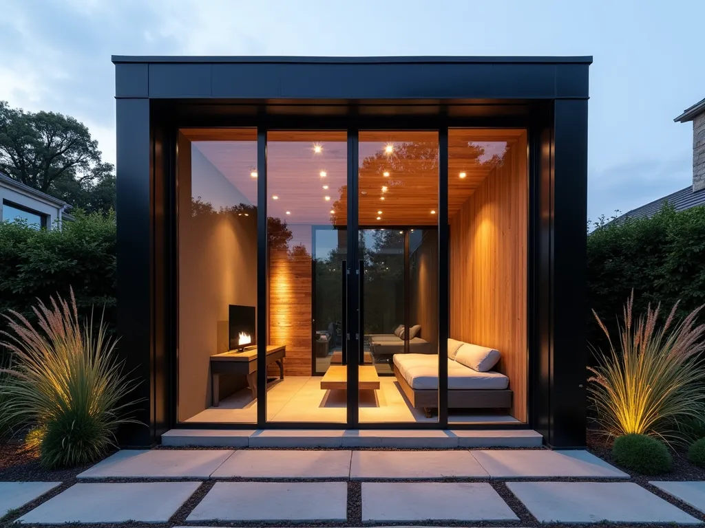 Modern Steel-Frame Garden Shed Door at Dusk - A stunning contemporary garden shed featuring a minimalist steel-framed door with floor-to-ceiling glass panels, photographed at dusk. The sleek black steel frame creates geometric patterns against the glass, while warm interior lighting gently illuminates the structure. The shed is set against a landscaped backdrop with architectural grasses and modern concrete pavers. A dramatic wide-angle shot captures the reflection of the sunset in the glass panels, while subtle LED landscape lighting highlights the modern architectural details. The industrial-chic design is softened by the natural elements of the garden, including carefully placed Mexican feather grass and geometric boxwood shrubs. Shot with shallow depth of field to emphasize the door's contemporary design features.