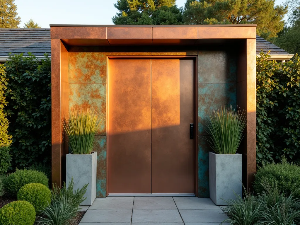 Modern Copper Garden Shed Door at Golden Hour - A stunning close-up shot of a contemporary garden shed featuring a weathered copper-clad door with a beautiful verdigris patina, photographed during golden hour. The door is flanked by modern architectural planters containing ornamental grasses. Soft evening light casts warm reflections on the copper surface, highlighting its rich texture and natural aging patterns. The shed is set against a backdrop of manicured evergreen shrubs and climbing jasmine. The composition emphasizes the door's luxurious metallic finish while capturing the interplay of light and shadow across its surface. Shot with a DSLR camera at f/8, ISO 100, creating a professional architectural photograph with perfect depth of field.