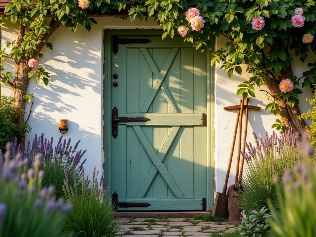 Rustic Cottage Z-Brace Garden Shed Door - A charming garden shed door with classic Z-brace design, photographed in golden afternoon light. The door features weathered sage green paint, rustic iron hardware, and diagonal Z-bracing that creates beautiful shadows across its surface. Set against whitewashed shed walls with climbing roses and lavender bushes framing the entrance. A cobblestone path leads to the door, while vintage gardening tools lean artistically against the wall. Captured with shallow depth of field highlighting the door's craftsmanship, with soft bokeh effect on the surrounding cottage garden. Natural sunlight emphasizes the door's textural details and vintage character. DSLR, f/8, ISO 100, 1/125s, wide-angle lens, professional photography