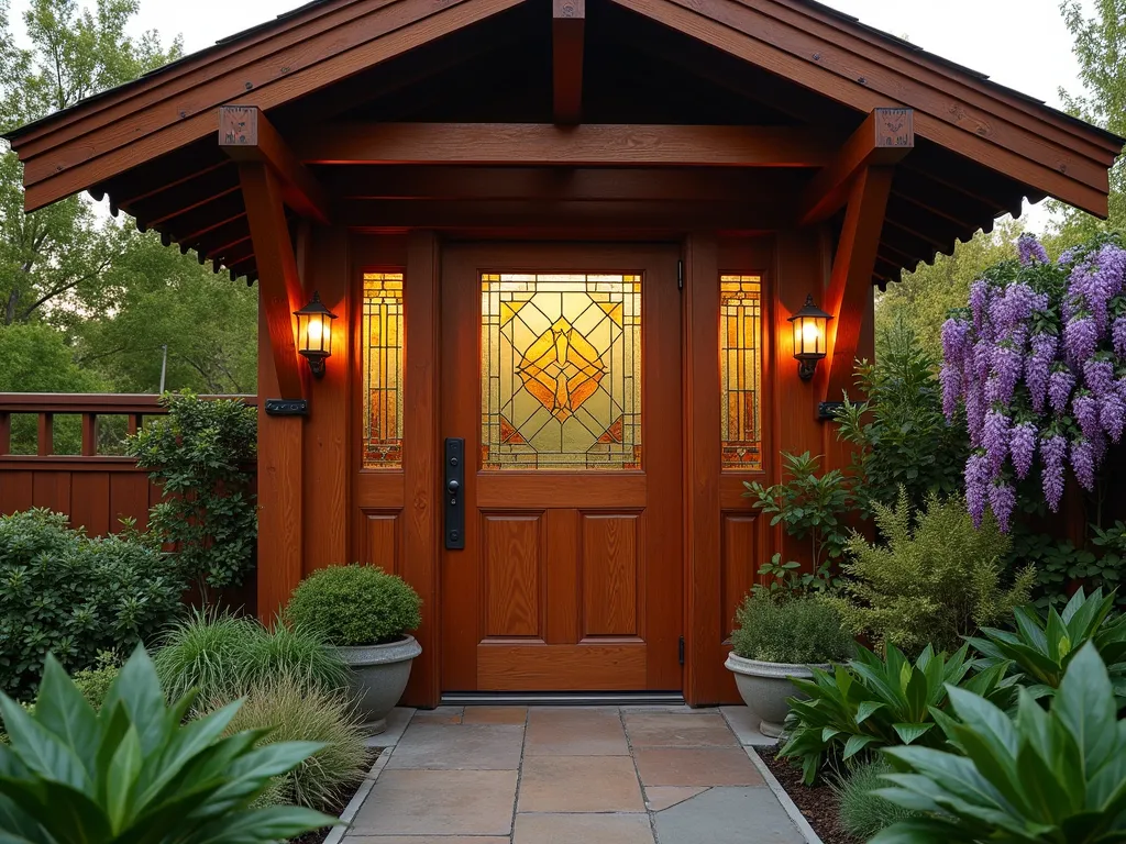 Craftsman Garden Shed with Stained Glass Door - A stunning Craftsman-style garden shed door photographed in golden hour light, featuring rich mahogany wood with classic Arts and Crafts details. The door showcases a distinctive geometric stained glass window insert in amber and sage tones, complemented by handcrafted copper hardware and strap hinges. The shed is framed by climbing wisteria and native ferns, with traditional mission-style lanterns flanking the entrance. The wide-angle composition captures the shed's peaked roof and surrounding cottage garden, while maintaining focus on the artisanal door details. Shot with natural lighting that highlights the warm wood tones and creates a gentle glow through the stained glass. Professional DSLR photo with crisp detail and atmospheric depth.