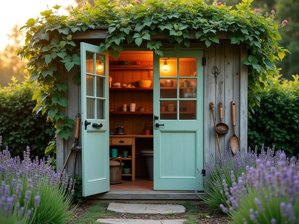 Charming Dutch Split Garden Shed Door - A golden hour photograph of a rustic garden shed featuring a beautiful Dutch split door painted in sage green with white trim. The top half is open, revealing a warm, organized interior with hanging garden tools. The door is set in a weathered wood shed with climbing roses and English ivy framing the entrance. Natural evening light streams through the open top half, creating a cozy, cottage-garden atmosphere. The foreground shows a quaint stepping stone path lined with lavender bushes leading to the door, while vintage gardening tools rest against the bottom half of the door. Photorealistic, detailed carpentry, cottage core aesthetic, architectural detail, soft natural lighting.