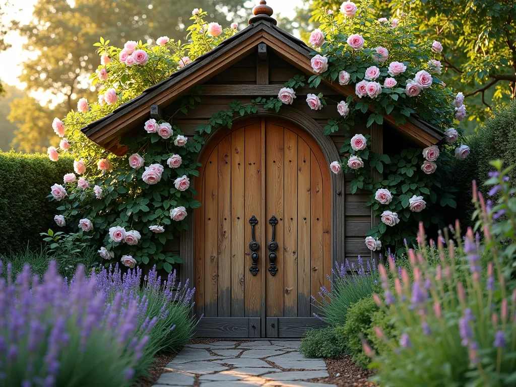 Enchanted Garden Shed Door with Climbing Roses - A stunning DSLR photograph of a whimsical arch-topped wooden garden shed door at golden hour, captured with a wide-angle lens. The weathered oak door features ornate vintage bronze hardware and is framed by a charming peaked roof detail with copper finials. Abundant climbing roses in soft pink and white, along with purple wisteria, gracefully entwine around the door frame, creating a magical secret garden entrance. Dappled sunlight filters through the surrounding foliage, casting enchanting shadows on the rustic stone path leading to the door. The scene is complemented by English lavender and cottage garden perennials at the base, with ivy tendrils delicately trailing along the aged wood. Shot at f/8 for perfect depth of field, capturing every intricate detail of the storybook setting.