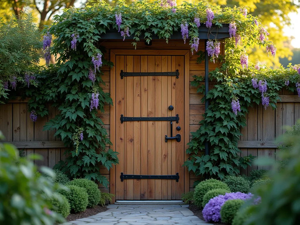 Living Green Garden Shed Door with Climbing Plants - A charming wooden garden shed door transformed into a living wall, photographed during golden hour. The door features an elegant black metal trellis framework with lush climbing jasmine and purple wisteria cascading naturally across its surface. The door remains partially visible through the foliage, maintaining its rustic charm with vintage-style black hinges. Soft evening sunlight filters through the leaves, creating a magical interplay of light and shadow. The surrounding garden context shows complementary cottage-style plantings and a curved stone pathway leading to the door. Shot with a medium-wide perspective to capture both the detail of the living door and its integration into the garden setting. Depth of field ensures both the intricate plant details and overall structure are crisp and clear.