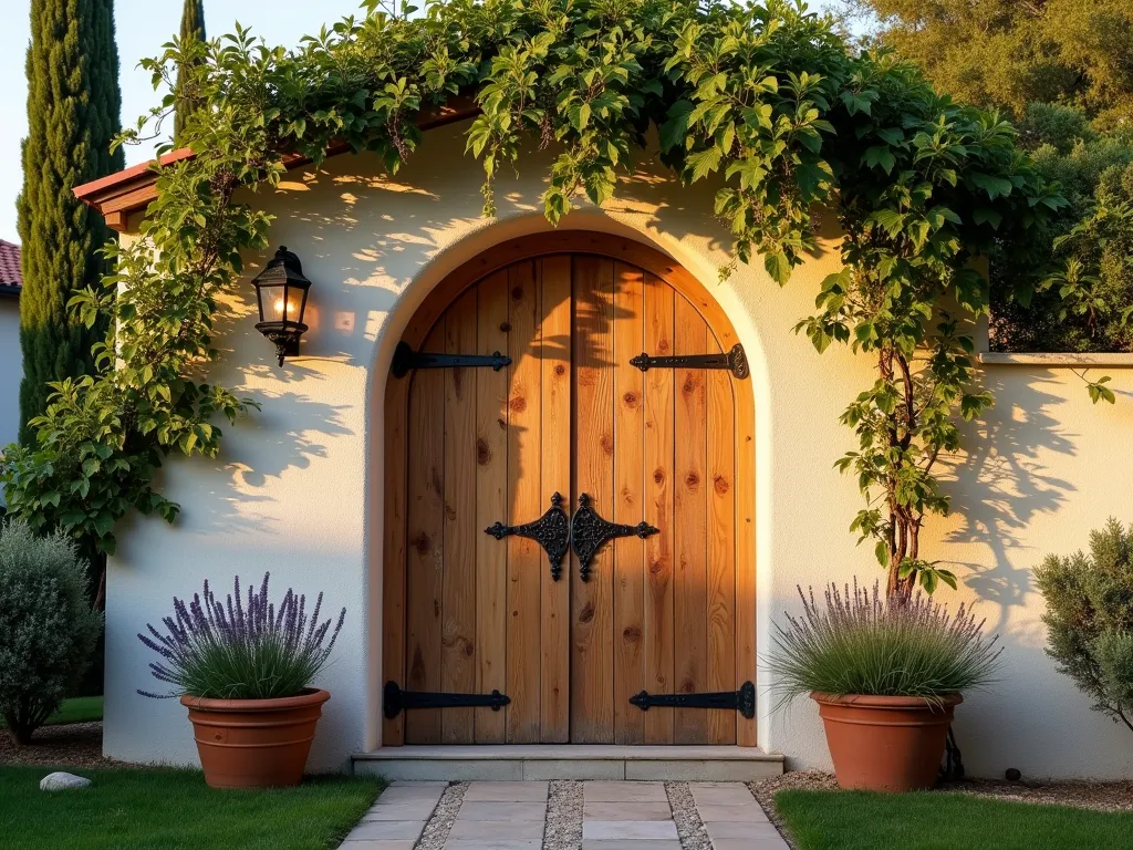 Mediterranean Garden Shed with Arched Door - A stunning garden shed with a hand-crafted arched wooden door, photographed at golden hour. The door features ornate black wrought iron hinges and door handle against weathered cypress wood, set within a cream-colored stucco exterior. Climbing bougainvillea frames the archway, while terra cotta pots filled with lavender and rosemary line the stone path leading to the door. Shot at f/2.8 with soft depth of field, capturing the warm evening light casting long shadows across the textured stucco surface. Mediterranean cypress trees visible in the background create a sense of depth and authenticity.