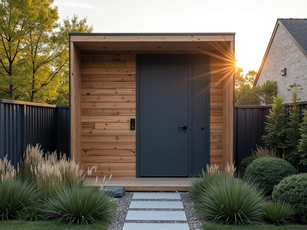 Modern Garden Shed with Minimalist Flush Door - A sleek, contemporary garden shed featuring a minimalist flush door in matte charcoal gray, photographed during golden hour. The door's clean lines and smooth surface create a striking contrast against natural cedar siding. The shed is nestled among ornamental grasses and geometric landscaping, with soft evening light casting subtle shadows. Shot from a 45-degree angle to showcase both the door's seamless design and the shed's architectural elements. Professional DSLR photo with perfect exposure highlighting the door's modern hardware and seamless integration with the structure. Japanese forest grass and structured boxwood create an organized, zen-like approach to the shed entrance.