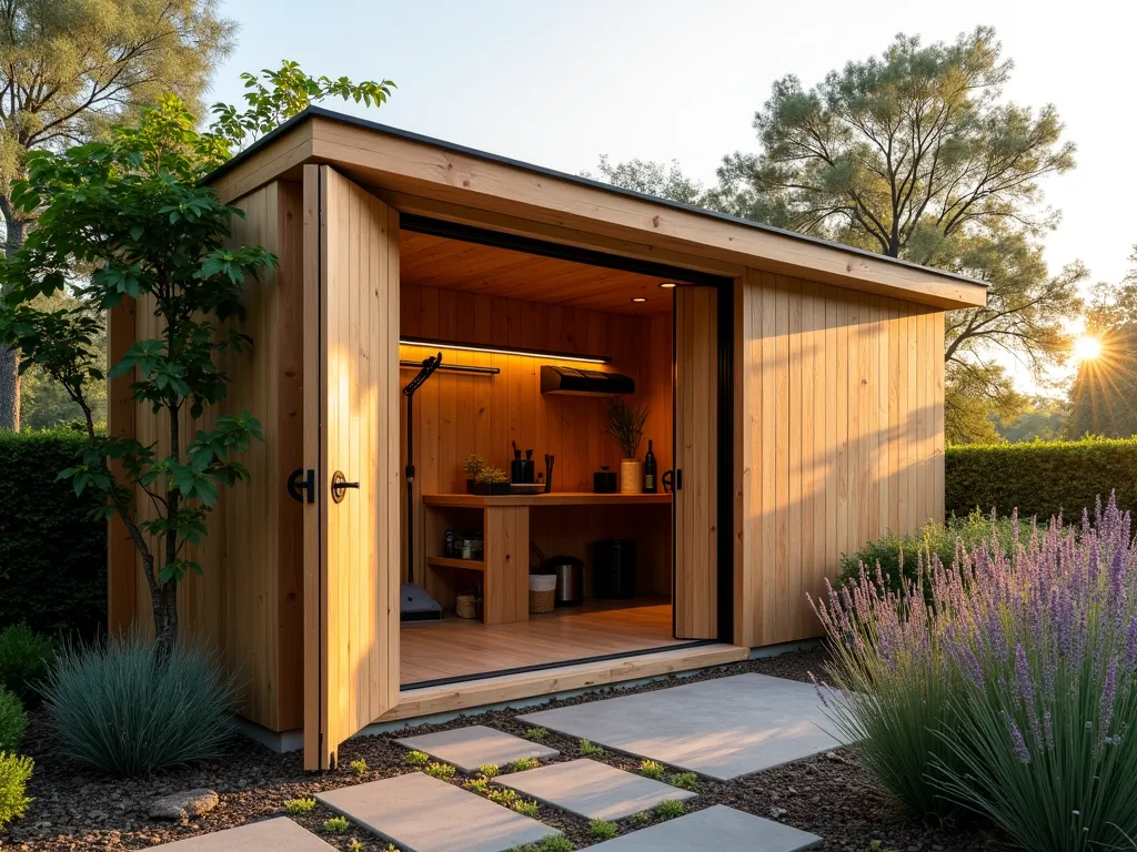 Modern Garden Shed with Accordion Door at Sunset - A professional architectural photograph of a sleek, modern garden shed with a fully opened wooden accordion door, beautifully lit during golden hour. The door spans the entire front of the shed, folded neatly to one side, revealing a well-organized interior with gardening tools. Natural cedar wood construction with black metal hardware, surrounded by lush landscaping including ornamental grasses and lavender. Wide-angle perspective capturing the entire shed structure, with soft sunset light casting long shadows across a stone pathway leading to the entrance. Climbing jasmine frames the doorway, adding organic texture to the contemporary design.