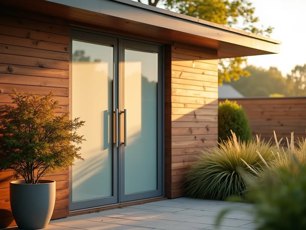 Modern Aluminum Garden Shed Door at Sunrise - A close-up architectural photograph of a sleek, contemporary garden shed door with slim aluminum framing, captured during golden hour sunrise. The minimalist door features frosted glass panels and brushed metal hardware against a modern cedar-clad shed. Soft morning light casts gentle shadows across the door's clean lines, while a potted Japanese maple provides an organic contrast in the foreground. Shot with shallow depth of field at f/2.8, emphasizing the door's sophisticated design elements. Background reveals glimpses of a well-maintained garden with ornamental grasses swaying in the morning light.