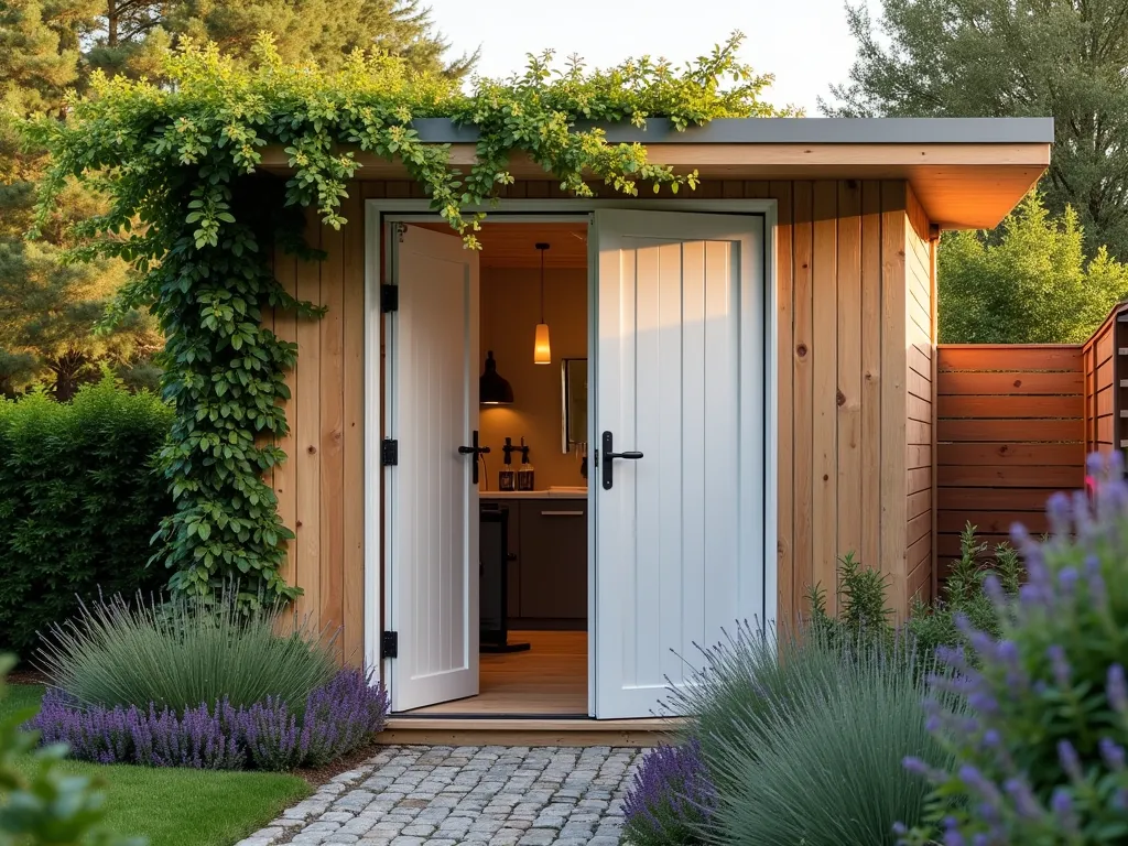 Modern Bi-Fold Shed Doors at Dawn - A stylish garden shed with sleek white bi-fold doors partially folded open against the exterior wall, captured during early morning golden hour. The contemporary shed features cedar wood siding and modern hardware. The doors seamlessly fold to create an inviting entrance, while climbing jasmine gracefully frames the doorway. The surrounding garden includes layered perennials and ornamental grasses, with morning dew glistening on the foliage. Shot from a slight angle to demonstrate the space-saving mechanism of the bi-fold design, with soft natural lighting highlighting the door's clean lines and functional beauty. A cobblestone path leads to the entrance, enhanced by lavender borders.