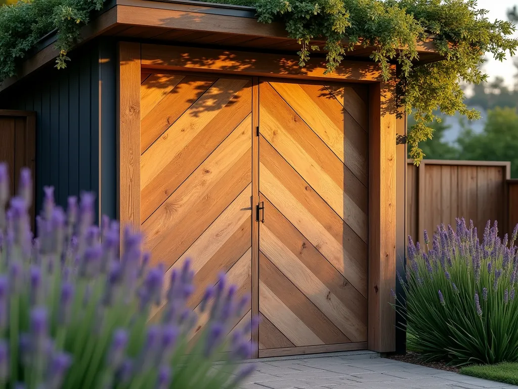 Modern Chevron Garden Shed Door at Dusk - A stunning close-up shot of a modern garden shed door featuring a sophisticated chevron pattern made from weathered cedar planks, captured during golden hour. The door fills most of the frame, with the geometric pattern casting dramatic shadows across its surface. Soft warm lighting highlights the natural wood grain and angular design. Climbing jasmine frames the door's edges, while lavender bushes blur in the foreground. The background shows a glimpse of a well-maintained garden path lined with ornamental grasses. Shot with shallow depth of field to emphasize the door's striking pattern. 16-35mm lens at 35mm, f/2.8, ISO 400, during sunset for maximum dramatic effect.