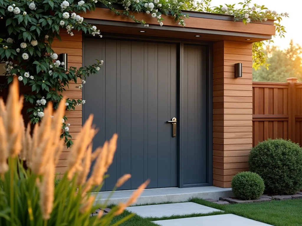 Modern Composite Garden Shed Door - A close-up view of a sleek, graphite-gray composite garden shed door at golden hour, showcasing its modern wood-grain texture. The door features minimalist brushed steel hardware and is set within a contemporary cedar-clad shed structure. Climbing jasmine frames one side of the door, while ornamental grasses sway in the foreground. Shot with shallow depth of field highlighting the door's premium finish and weather-resistant properties. Natural evening light casts warm shadows, emphasizing the door's architectural lines and modern aesthetic. A geometric concrete pathway leads to the door, with well-maintained lawn edges and strategic landscape lighting.