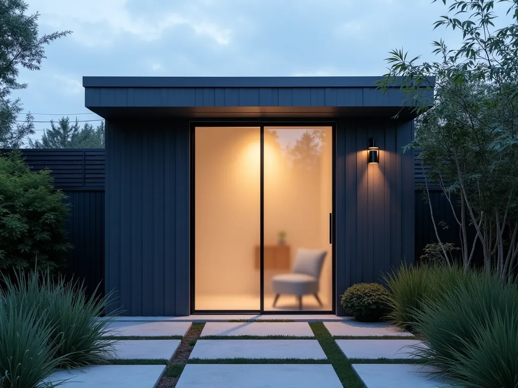 Modern Frosted Glass Shed Door at Dusk - A stunning modern garden shed with a full-height frosted glass door, photographed at dusk with soft ambient lighting. The minimalist shed exterior features sleek charcoal gray cladding that contrasts beautifully with the illuminated translucent door. Warm interior light gently diffuses through the frosted glass, creating an ethereal glow. Contemporary landscaping surrounds the shed, with architectural grasses and geometric concrete pavers leading to the entrance. Shot from a slight angle to capture depth and dimensionality, using a 16-35mm lens at f/2.8, ISO 400, during blue hour for optimal lighting balance. Japanese forest grass and bamboo provide organic elements against the modern structure.