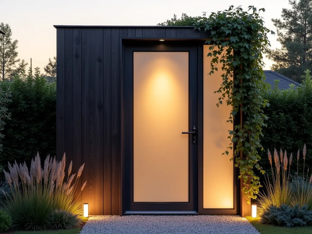 Modern Glass Panel Garden Shed Door at Sunset - A stunning modern garden shed door photographed at golden hour, featuring a large frosted glass panel insert within a sleek dark wood frame. The door is centered in the composition, with soft evening light filtering through the glass, creating an ethereal glow. The shed is surrounded by architectural grasses and modern landscaping elements. The contemporary design showcases clean lines and minimalist hardware, while climbing vines frame one corner of the door, adding organic texture. A gravel path leads to the entrance, with LED ground lighting providing subtle illumination. The scene captures both functionality and aesthetic beauty in a contemporary garden setting.