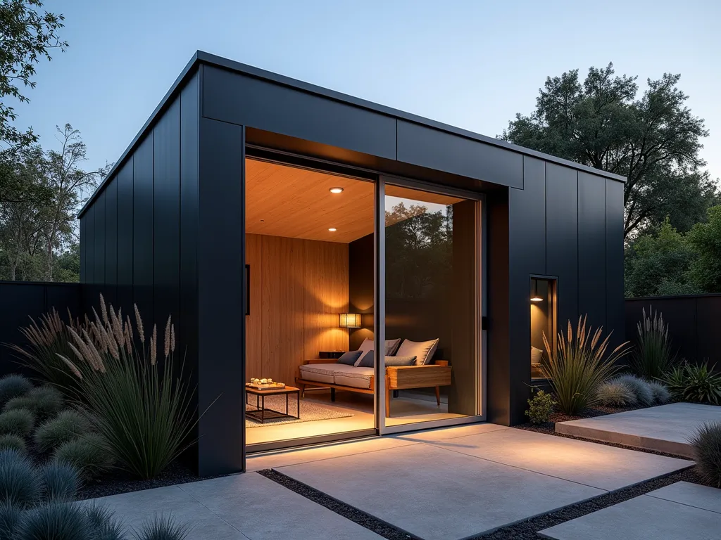 Modern Pivot Shed Door at Dusk - A stunning architectural photograph of a contemporary garden shed featuring a floor-to-ceiling brushed aluminum pivot door, captured at dusk. The minimalist shed structure has clean lines and dark charcoal cladding, while soft landscape lighting illuminates the surrounding modern garden design. The pivot door is partially opened, creating a dramatic angular composition and revealing warm interior lighting. Native ornamental grasses and sculptural succulents frame the entrance, while a geometric concrete pathway leads to the door. Shot with a wide-angle lens from a low perspective to emphasize the door's impressive scale and modern aesthetic. The golden hour lighting casts long shadows and creates a sophisticated ambiance. DSLR camera settings: f/8, ISO 100, 1/125 sec.