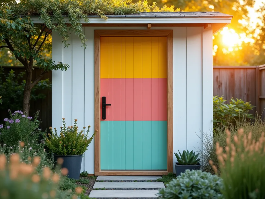 Modern Rainbow Garden Shed Door - A close-up, professional DSLR photo of a modern garden shed door featuring a stunning geometric color block design with vibrant rainbow panels - teal, yellow, coral pink, and sage green. The door is set against crisp white shed walls, surrounded by lush cottage garden flowers and ornamental grasses catching the golden hour sunlight. Small potted succulents line the entrance, while climbing jasmine frames the doorway. Shot with shallow depth of field highlighting the door's creative design, with soft bokeh effect on the garden background. The composition shows the complete door and immediate surroundings, captured during sunset for warm, dimensional lighting that accentuates the color blocks' bold personality. 8K resolution, architectural photography, f/8 aperture, ISO 100, perfectly exposed.