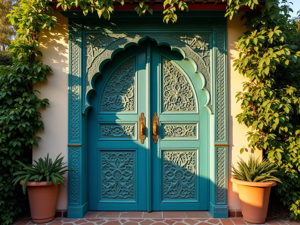 Ornate Moroccan Garden Shed Door at Sunset - A stunning close-up photograph of an intricately carved wooden garden shed door in Moroccan style, featuring elaborate geometric patterns and arabesque designs. The door is painted in a rich turquoise blue with gold accents highlighting the carved details. Natural evening sunlight casts dramatic shadows across the detailed carvings, while climbing jasmine frames the doorway. The shed is set against a lush garden background with Mediterranean plants. Shot with a DSLR camera at f/8, ISO 100, capturing the warm golden hour lighting and intricate details of the craftsmanship. The composition emphasizes the door's architectural details while showing glimpses of the garden setting.