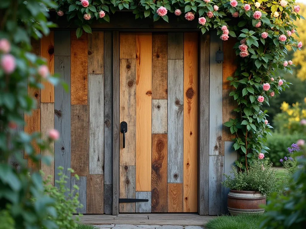 Artistic Reclaimed Wood Garden Shed Door - A stunning close-up photograph of a garden shed door crafted from reclaimed wood pieces, creating a mesmerizing patchwork pattern. The door features varying wood tones from honey oak to weathered gray, with each piece telling its own story through unique textures and grain patterns. Early morning sunlight casts gentle shadows across the artistically arranged wooden segments, highlighting their natural patina and rustic charm. The door is set within a charming cottage-style garden shed, partially covered by climbing roses and ivy, creating a harmonious blend of architectural creativity and natural beauty. Shot with a shallow depth of field to emphasize the intricate details of the wood textures while maintaining the garden context in soft focus.