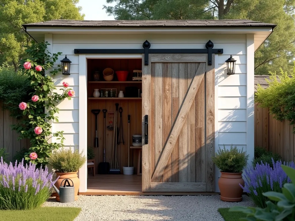 Rustic Sliding Barn Door Garden Shed - A stunning garden shed featuring a large weathered reclaimed wood sliding barn door with black iron hardware, set against a whitewashed cedar shed exterior. The door is partially open, revealing glimpses of organized garden tools inside. Climbing roses and vintage lanterns frame the entrance, while a gravel path lined with lavender leads to the door. Late afternoon sunlight casts warm shadows across the textured wood, highlighting its rustic charm. The composition is captured at a slight angle to showcase both the sliding mechanism and the door's natural patina. A vintage metal watering can and terracotta pots with herbs rest beside the entrance, adding authentic garden character. Photorealistic, highly detailed, soft natural lighting, architectural photography style.