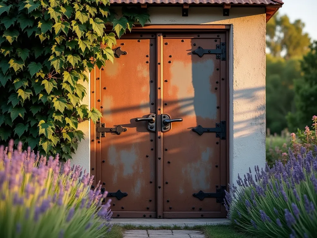 Rustic Industrial Garden Shed with Salvaged Door - A close-up view of a weathered industrial metal door on a garden shed at golden hour. The door features authentic rust patina, original rivets, and intricate industrial hardware. Modern brushed steel handles contrast with the aged metal. Climbing jasmine frames one side of the door, while lavender bushes line the pathway leading to it. The shed is nestled within a cottage garden setting, with soft evening light casting long shadows across the textured door surface. The composition emphasizes the door's imposing presence and vintage character while highlighting its architectural details.