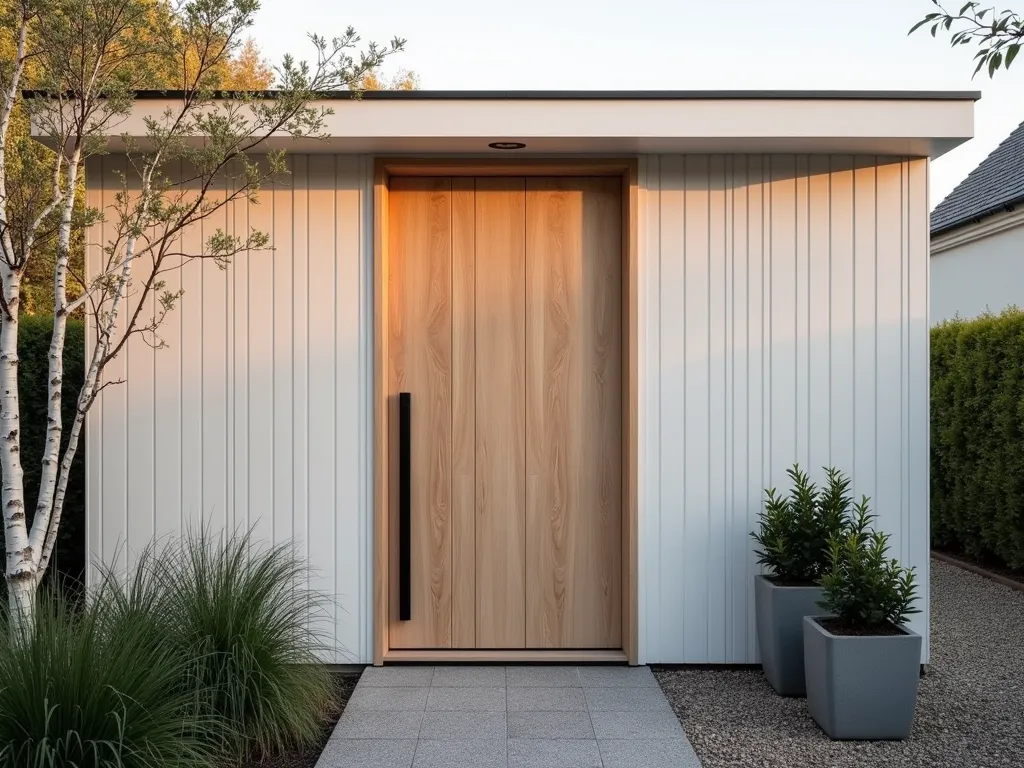 Modern Scandinavian Garden Shed with Light Wood Door - A sleek garden shed photographed at golden hour, featuring a minimalist light oak door with simple black vertical handle. The door showcases clean geometric lines and natural wood grain, set against white-painted wooden siding. The surrounding garden features sparse ornamental grasses and white birch trees, creating a serene Nordic atmosphere. Shot at f/2.8 with soft depth of field, capturing the warm evening light reflecting off the wood's surface. The composition includes a partial view of a modern gravel pathway lined with contemporary concrete planters containing Swedish ivy.