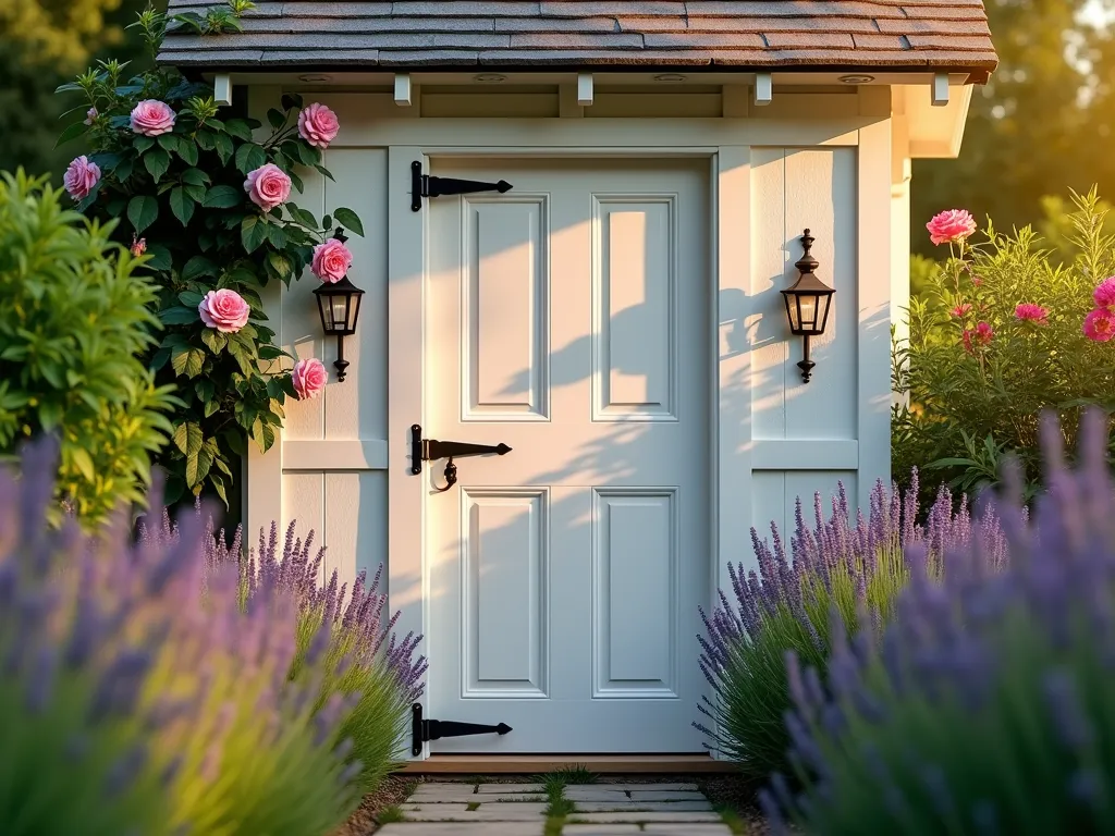 Classic Six-Panel Garden Shed Door at Sunset - A stunning close-up photograph of a traditional white six-panel garden shed door at golden hour, with soft sunlight casting gentle shadows across the raised panels. The wooden door features classic proportions and crisp architectural details, mounted on black wrought iron hinges. Climbing roses in soft pink frame one side of the door, while lavender plants line the stepping stone path leading to the entrance. The shed is nestled in a well-maintained cottage garden with dappled evening light filtering through nearby trees. Shot with a digital camera at f/2.8, creating a beautiful depth of field that highlights the door's dimensional qualities while softly blurring the surrounding garden elements.