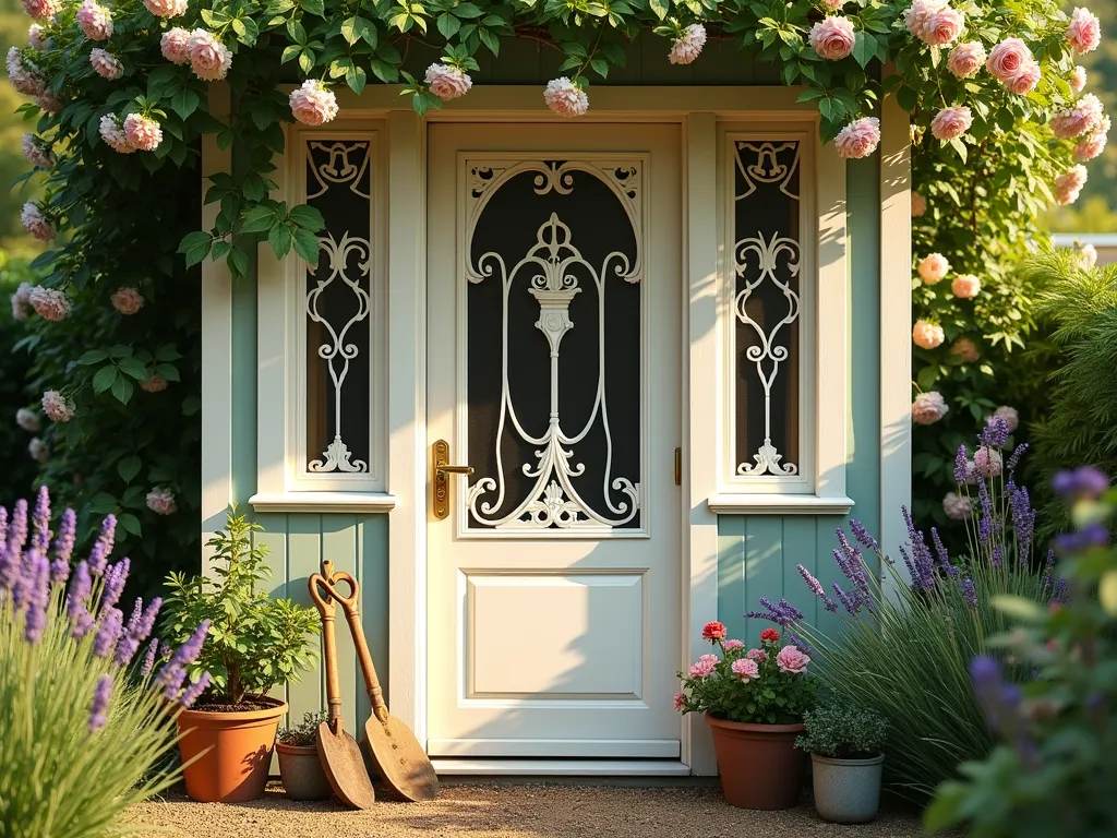 Victorian Garden Shed Screen Door - A charming Victorian-style garden shed door captured in golden afternoon light, featuring an ornate white-painted wooden screen door with intricate scrollwork, delicate spindled details, and brass hardware. The door is set in a sage green shed facade covered in climbing roses and jasmine. The screen panels are beautifully framed with decorative fretwork, while potted lavender and vintage gardening tools rest beside the entrance. Shot at f/8 with a wide-angle lens to showcase the detailed craftsmanship and surrounding cottage garden atmosphere, with soft natural lighting highlighting the vintage architectural elements. 8K, highly detailed, professional photography