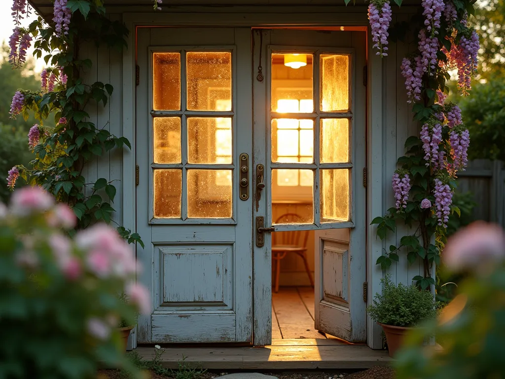 Vintage Window Garden Shed Door - A charming garden shed door crafted from salvaged vintage windows, photographed during golden hour. The door features four mismatched antique window frames with original patina, arranged in a rustic pattern. Sunlight streams through the glass panes, casting warm patterns on the weathered wood floor inside. The shed is surrounded by climbing roses and wisteria, with soft bokeh effects in the background. The composition captures both the full door and intricate window details, showcasing the artistic upcycling and architectural character. Shot with shallow depth of field to emphasize the aged glass and weathered wood textures. Ambient garden elements visible through the windows, creating layers of visual interest. Photographic style: architectural detail, rustic charm, natural lighting, DSLR, wide-angle lens.