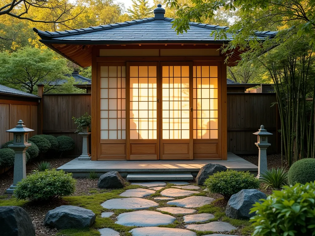 Elegant Shoji Screen Garden Shed Door - A serene Japanese-inspired garden shed featuring a beautifully crafted Shoji screen door, photographed during golden hour. The door consists of delicate wooden grid patterns filled with translucent rice paper panels, casting ethereal shadows on the ground. The shed is surrounded by carefully manicured Japanese maples, bamboo stalks, and ornamental grasses. A winding stone path leads to the door, lined with moss gardens and traditional stone lanterns. The natural wood finish of the shed complements the Zen aesthetic, while soft evening light filters through the translucent panels creating a warm, inviting glow. Shot from a medium-wide angle to capture both the architectural details and the surrounding garden elements, DSLR, f/8, natural lighting.