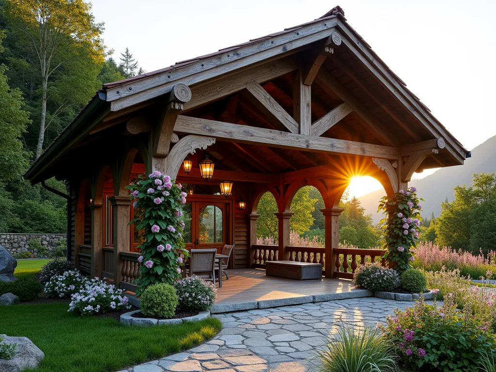 Alpine-Style Garden Shelter at Sunset - A stunning Alpine-style garden shelter photographed at golden hour, featuring a steep 45-degree pitched wooden roof with decorative carved eaves and exposed timber beams. The shelter sits in a landscaped garden with natural stone pathways and rustic wooden furniture. Traditional Swiss-inspired carved details adorn the support posts, while climbing roses and wisteria gracefully frame the structure. Mountain-inspired perennials such as edelweiss and alpine gentians dot the surrounding landscape. Captured with a wide-angle lens at f/2.8, creating a warm, inviting atmosphere with natural lens flare from the setting sun filtering through the timber frame. The shelter's dark wood construction contrasts beautifully with the lush garden setting, while decorative lanterns hang from the beams, creating a cozy mountain retreat atmosphere.