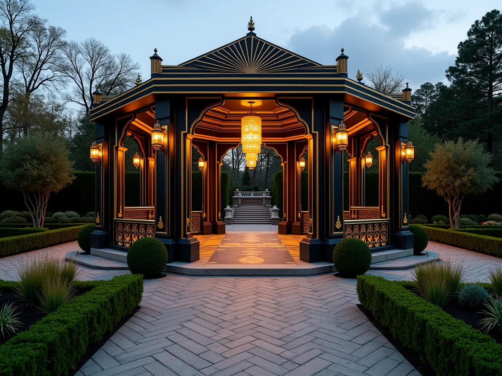 Art Deco Garden Pavilion at Dusk - A stunning Art Deco garden pavilion photographed at dusk with warm ambient lighting, featuring dramatic geometric patterns and gold metallic trim. The elegant structure has black and gold zigzag details, chevron-patterned railings, and stepped architectural elements typical of 1920s design. Crystal pendant lights illuminate the sophisticated shelter, which is surrounded by formal boxwood hedges and ornamental grasses. The pavilion is set in a manicured garden with a symmetrical layout, featuring a herringbone-pattern stone path leading to its entrance. Captured with a wide-angle lens showing the pavilion's relationship to the surrounding landscape, with the soft golden hour light highlighting the metallic accents and casting long shadows across the geometric paving.