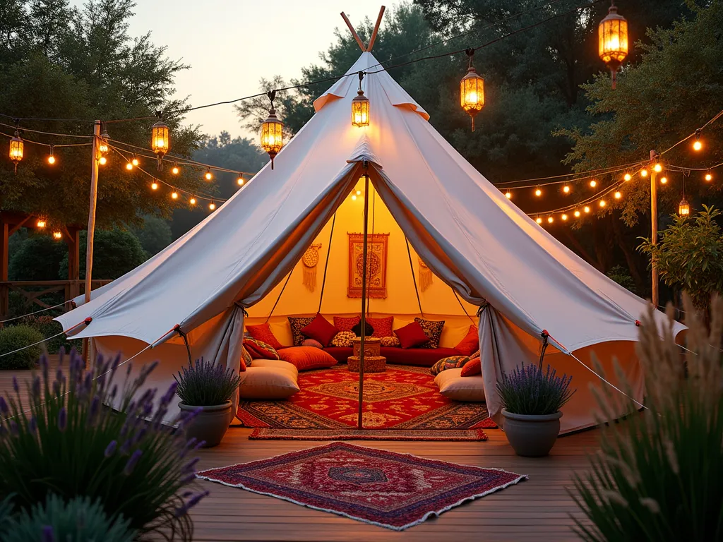 Sunset Bohemian Garden Tent Haven - Wide-angle twilight photograph of a dreamy bohemian canvas tent in a lush garden setting, shot at golden hour. The elegant white canvas tent features billowing sides and is adorned with hanging Moroccan-style lanterns casting warm light. The tent interior is visible, filled with vibrant jewel-toned floor cushions, intricate tapestries, and macramé wall hangings. Persian-style outdoor rugs extend from the tent onto a wooden deck, surrounded by potted lavender and ornamental grasses swaying in the evening breeze. String lights weave through nearby trees, creating a magical atmosphere. The scene is captured with a 16-35mm lens at f/2.8, ISO 400, emphasizing the warm sunset lighting and creating a dreamy bokeh effect with the background garden elements.