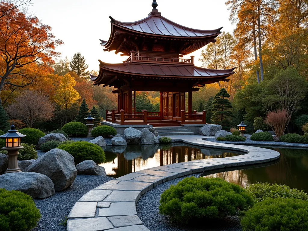 Elegant Copper Pagoda Garden Shelter - A stunning three-tiered copper-roofed pagoda garden shelter with dramatic upturned eaves, photographed during golden hour. The structure features intricate Asian architectural details and weathered copper patina, surrounded by carefully manicured Japanese maple trees and ornamental bamboo. A curved stone path leads to the pagoda, bordered by moss gardens and traditional stone lanterns. The wide-angle composition captures the pagoda's reflection in a small koi pond, while soft evening light highlights the warm metallic tones of the copper roof. Zen-inspired landscaping elements include raked gravel, strategic boulder placement, and flowing ornamental grasses, creating a serene meditation space in a residential backyard setting.