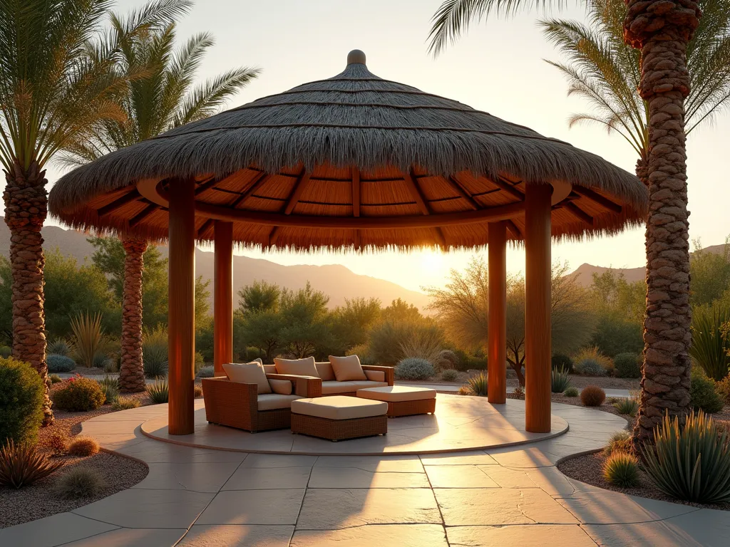 Luxurious Desert Palm Palapa Retreat - A stunning wide-angle DSLR shot of a luxurious backyard featuring a traditional palm-thatched palapa shelter during golden hour. The circular palapa structure features natural wooden posts supporting a meticulously thatched palm roof, creating dramatic shadows on the stone patio below. Surrounding desert landscaping includes mature palm trees, ornamental grasses, and flowering succulents. Modern outdoor furniture beneath the palapa includes plush beige cushioned seating and natural rattan elements. Warm sunset lighting filters through the palm fronds, creating a resort-like atmosphere. Professional architectural photography at f/8, ISO 100, capturing rich textures and depth. 8K resolution, photorealistic.