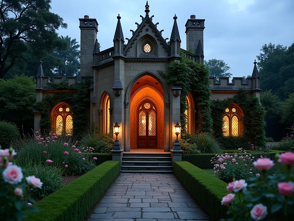 Gothic Revival Garden Folly at Twilight - A stunning Gothic Revival garden folly photographed at twilight in a lush English garden setting. The ornate stone structure features dramatic pointed arches, intricate tracery, and decorative pinnacles reaching skyward. Climbing roses and wisteria gracefully adorn its weathered stone walls. Soft, warm lighting from within the folly casts enchanting shadows through its lancet windows onto the surrounding garden paths. Stone steps lead to the shelter's entrance, flanked by neat boxwood hedges and flowering perennial borders. Ornamental grass catches the last golden light of day, while heritage roses bloom in the foreground. Shot with a wide-angle lens to capture the full architectural grandeur and garden context, with dramatic perspective emphasizing the vertical Gothic elements. Professional DSLR photography with perfect exposure to balance the ambient twilight with the folly's interior illumination.