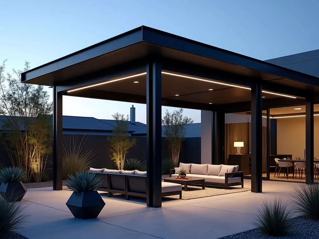 Modern Industrial Steel Gazebo at Twilight - A dramatic twilight shot of a minimalist industrial steel gazebo in a contemporary garden setting, captured with a wide-angle 16-35mm lens at f/2.8, ISO 400. The angular black powder-coated steel structure features clean geometric lines and exposed architectural metalwork, creating bold shadows against the dusky sky. Modern grey outdoor furniture including sleek loungers and a geometric dining set rest beneath the shelter. Architectural bamboo and tall ornamental grasses frame the structure, while LED strip lighting subtly illuminates the steel framework. A polished concrete patio extends from the gazebo, with oversized geometric planters containing sculptural desert plants completing the urban aesthetic. Soft ambient lighting creates a moody atmosphere, highlighting the structural elements of the gazebo.