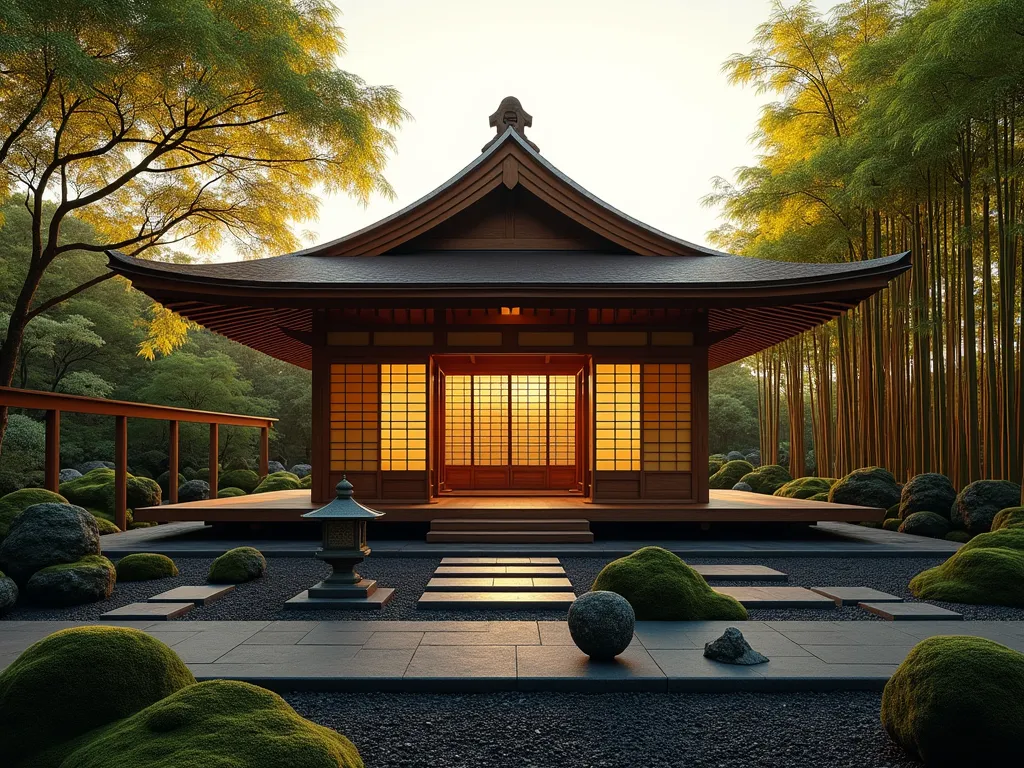 Japanese Tea House Garden Shelter - Stunning Japanese tea house in a serene garden setting, captured during golden hour. The traditional wooden structure features a gracefully curved copper roof with upturned corners, sliding shoji screens that glow warmly from within, and an elevated tatami floor visible through open doors. The shelter is surrounded by a meticulously landscaped Zen garden with moss-covered ground, black polished stones, and tall bamboo groves creating natural privacy screens. A stone lantern sits among carefully raked gravel patterns, while a small water feature provides gentle ambiance. The wide-angle composition captures the entire scene with dramatic shadows and warm sunlight filtering through the bamboo leaves, photographed with a shallow depth of field that highlights the tea house while softly blurring the lush garden elements in the background. 8K resolution, architectural photography, hyperrealistic detail.