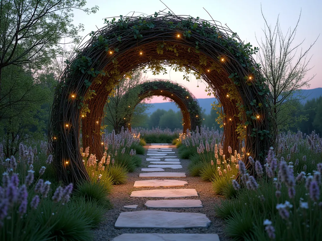 Enchanted Willow Garden Dome - A magical twilight scene featuring a dome-shaped living willow structure in a serene garden setting, shot from a wide angle. The willow branches are artfully woven in graceful arches, creating an ethereal 8-foot-tall shelter. Soft evening light filters through the living canopy of willow leaves, casting intricate shadows on the natural stone pathway below. The structure is surrounded by flowing ornamental grasses and wild meadow flowers in muted purples and whites. Delicate fairy lights are intertwined within the willow branches, creating a warm, enchanting glow. The organic architecture of the willow dome showcases both its structural integrity and natural beauty, with new spring growth visible at the branch tips. Photorealistic, high detail, architectural photography style.