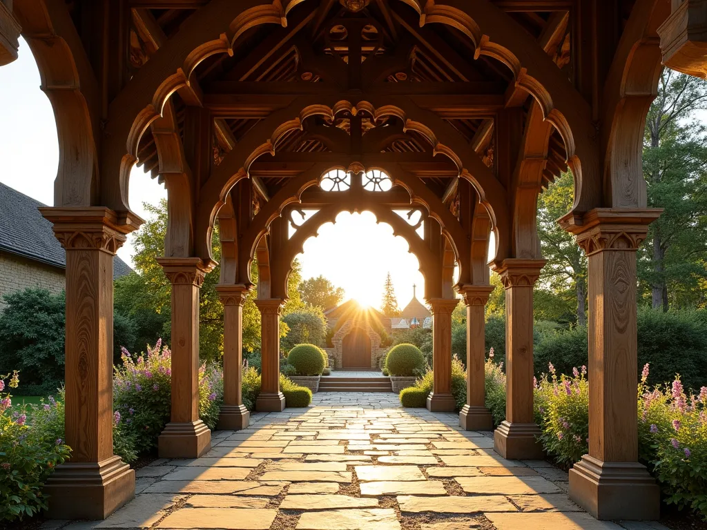 Medieval Timber Frame Garden Pavilion - A majestic medieval-style timber frame pavilion in a lush English garden setting, photographed during golden hour. Hand-hewn oak beams with exposed mortise and tenon joints create a dramatic cathedral-like structure, standing 12 feet tall. Ancient joinery techniques showcase intricate wooden pegs and brackets. Gothic-inspired arch details and carved dragon beam ends add authenticity. Structure shelters a stone-paved seating area surrounded by climbing roses and wisteria. Warm evening light filters through the open timber framework, casting geometric shadows on the natural stone floor. Wide-angle perspective captures the full grandeur of the shelter while highlighting the craftsmanship of the timber connections. Shot with DSLR camera, f/8, ISO 100, 1/125, during sunset.