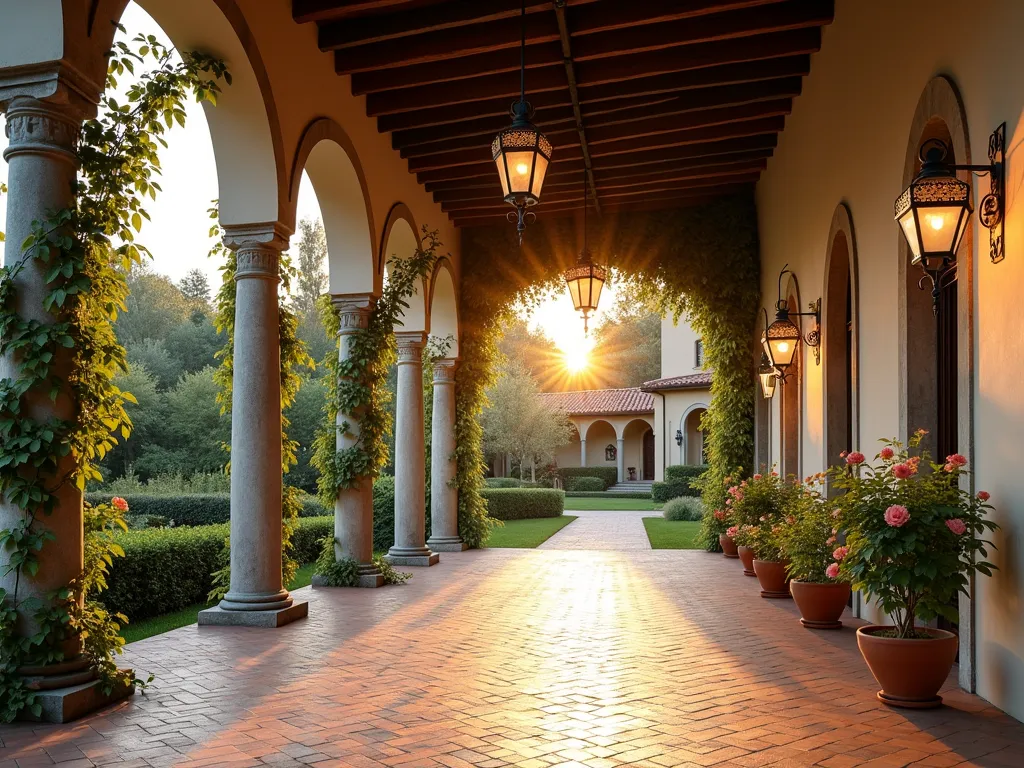 Elegant Mediterranean Loggia at Sunset - A stunning Mediterranean-style loggia captured during golden hour, featuring majestic stone columns with classic arches framing a covered walkway. The structure is adorned with cascading wisteria and climbing roses, their tendrils gracefully winding around weathered limestone pillars. Terracotta tiles pave the floor, their warm tones complementing the natural stone. Soft evening light filters through the arches, casting gentle shadows across the space. The loggia connects a traditional villa to a meticulously maintained garden, visible through the arched openings. Ornate iron lanterns hang between the columns, while terracotta pots filled with Mediterranean herbs line the walkway. Shot with a wide-angle lens to capture the full architectural grandeur, highlighting the interplay of light, shadow, and organic elements. 8K, ultra-detailed architectural photography, photorealistic.