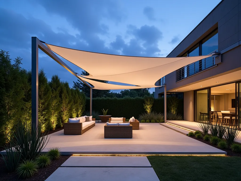 Modern Canvas Sail Garden Retreat - A stunning twilight scene of a contemporary backyard featuring a sleek, white tensioned canvas sail system creating geometric patterns overhead. The minimalist shelter stretches between slim metallic posts, casting elegant shadows on a modern limestone patio below. Architectural plants like snake plants and bamboo line the edges, while integrated LED lighting along the canvas edges creates a warm ambient glow. Clean lines and modern outdoor furniture complete the sophisticated space, with a backdrop of carefully manicured greenery. Shot from a wide angle to showcase the dramatic architectural elements and spatial flow.