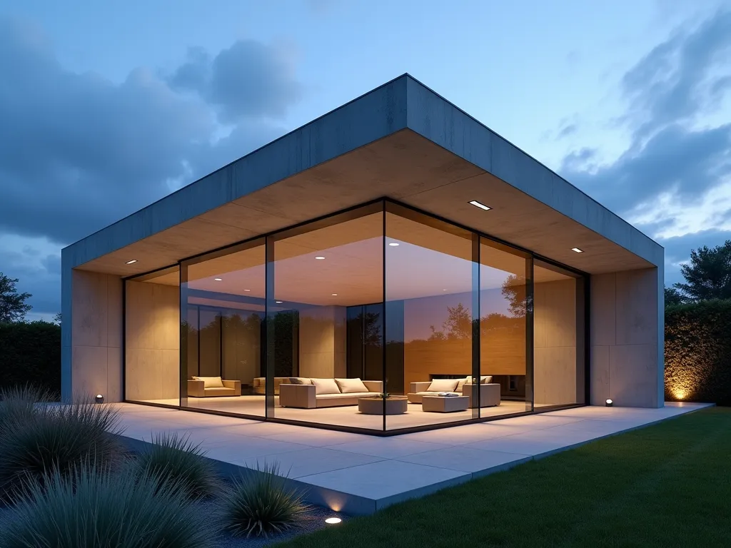 Minimalist Concrete Garden Pavilion - A stunning modernist garden shelter at twilight, featuring clean geometric lines and smooth cast concrete surfaces. The angular pavilion structure has floor-to-ceiling glass panels and cantilevered roof sections creating dramatic shadows. Set in a minimalist garden with architectural grass plantings and LED uplighting. Wide-angle view showing the shelter as a bold focal point against a dusky sky, with sleek outdoor furniture visible inside. The concrete has a polished finish that reflects the warm evening light, while strategic lighting highlights the strong architectural forms.