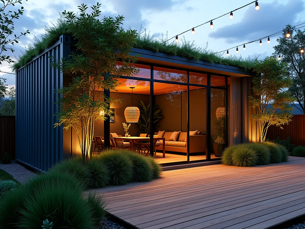 Modern Shipping Container Garden Room - A stunning twilight photograph of a converted shipping container garden room in a contemporary backyard setting. The container features floor-to-ceiling windows and glass sliding doors, softly illuminated from within. The industrial steel structure is painted charcoal grey and topped with a flourishing sedum green roof that cascades over the edges. Modern wooden decking surrounds the container, while strategic uplighting highlights architectural bamboo plants and ornamental grasses. Captured with a wide-angle lens at f/2.8 to emphasize the container's integration with the garden landscape, creating a perfect balance between industrial design and natural elements. The golden hour lighting casts long shadows across the deck, while string lights draped overhead add a magical ambiance.