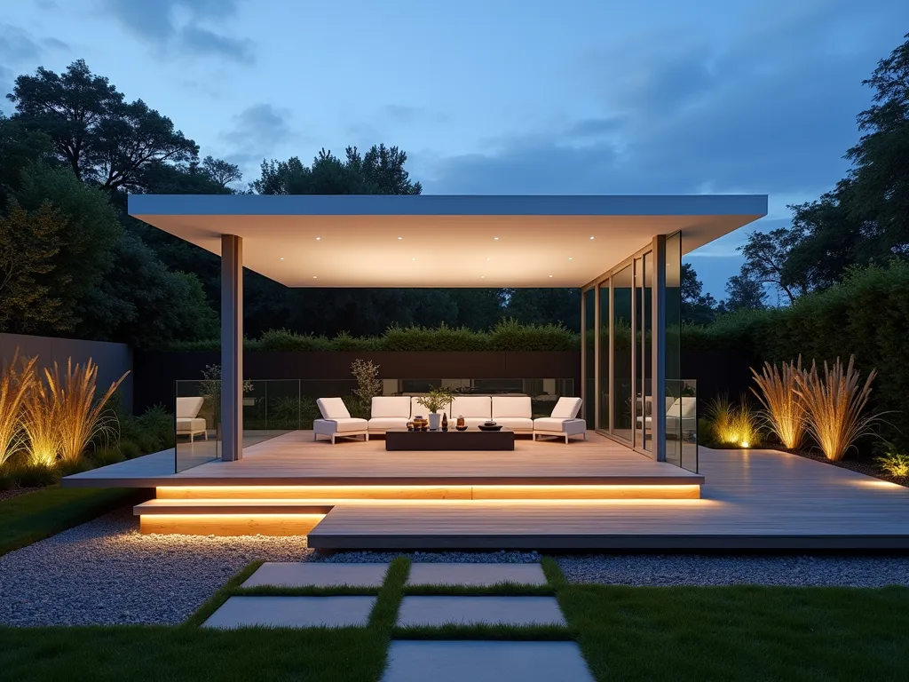 Modern Floating Canopy Platform at Dusk - A stunning wide-angle DSLR photo of a contemporary floating canopy platform in a modern garden setting at dusk. The minimalist white canopy appears to hover weightlessly above a sleek raised wooden deck, creating dramatic architectural interest. Subtle LED uplighting illuminates the structure from below, casting ethereal shadows. The deck is surrounded by strategic landscape lighting and architectural grasses like Miscanthus and Pennisetum that sway gently in the evening breeze. Clean lines and geometric shapes define the space, with built-in seating and glass railings completing the sophisticated design. Shot with natural twilight ambiance, capturing the interplay of light and shadow that emphasizes the floating effect. Professional photography with perfect exposure, sharp focus, and rich depth of field showcases the innovative structural design.