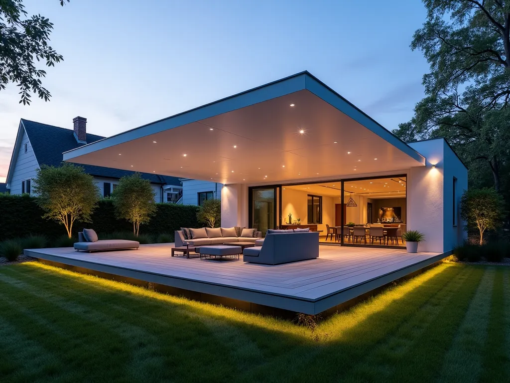 Modern Floating Deck with Architectural Canopy - A stunning twilight photograph of a contemporary floating deck with a sleek, minimalist white canopy, captured with a wide-angle 16-35mm lens at f/2.8. The deck appears to hover above a manicured lawn, with hidden LED lighting creating a subtle glow beneath. The architectural canopy features clean geometric lines and seamless connections, casting dramatic shadows in the warm evening light. Modern outdoor furniture in neutral grays complements the space, while strategic spotlighting highlights structural elements. Ornamental grasses and Japanese maples frame the edges, adding organic softness to the angular design. Shot from a low angle to emphasize the floating effect, with the golden hour sky visible through the translucent sections of the canopy.